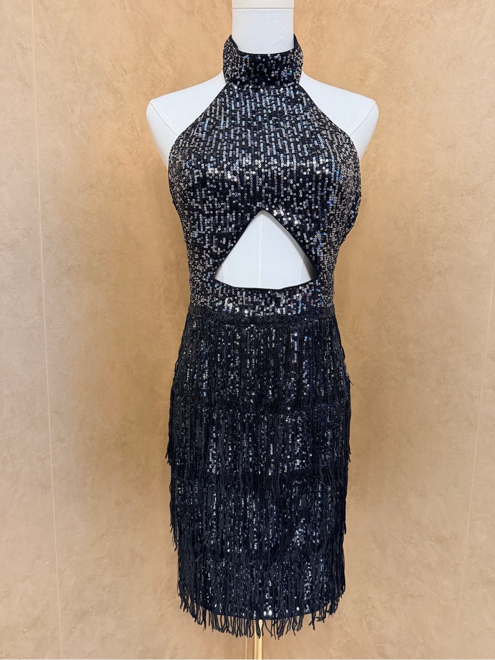 SHEIN Black Sequin Halter Midi Dress with Fringe